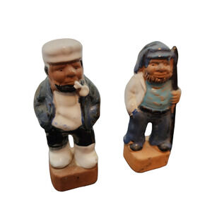 2 Fisherman Sailor Ceramic Figurine 4.5" Collectible Décor Aquarium Nautical Vtg